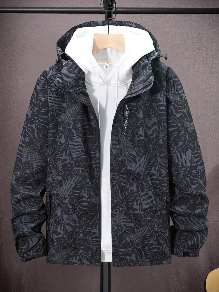 Manfinity Men 1pc Tropical & Letter Graphic Zipper Hooded Jacket - Black - View 1