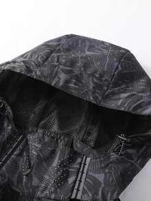 Manfinity Men 1pc Tropical & Letter Graphic Zipper Hooded Jacket - Black - View 5