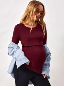 SHEIN Maternity Solid Round Neck Tee - Maroon - View 1