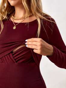 SHEIN Maternity Solid Round Neck Tee - Maroon - View 2