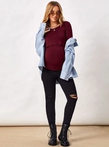 SHEIN Maternity Solid Round Neck Tee - Maroon - View 5