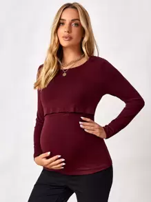 SHEIN Maternity Solid Round Neck Tee - Maroon - View 6