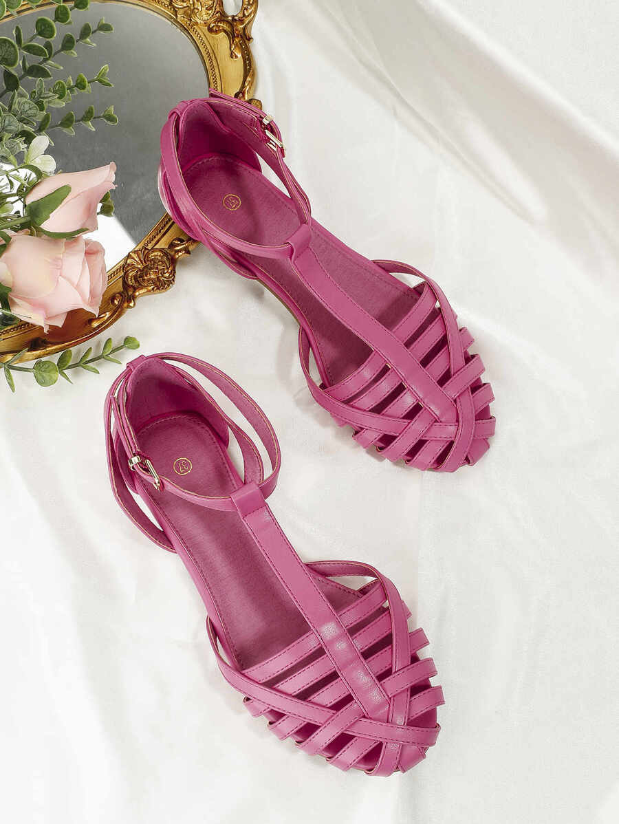 Braided Detail Ankle Strap Flats - Hot Pink - View 1