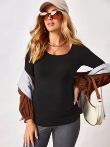 SHEIN Maternity Solid Round Neck Tee With Long Sleeve