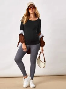 SHEIN Maternity Solid Round Neck Tee With Long Sleeve