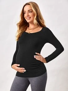 SHEIN Maternity Solid Round Neck Tee With Long Sleeve