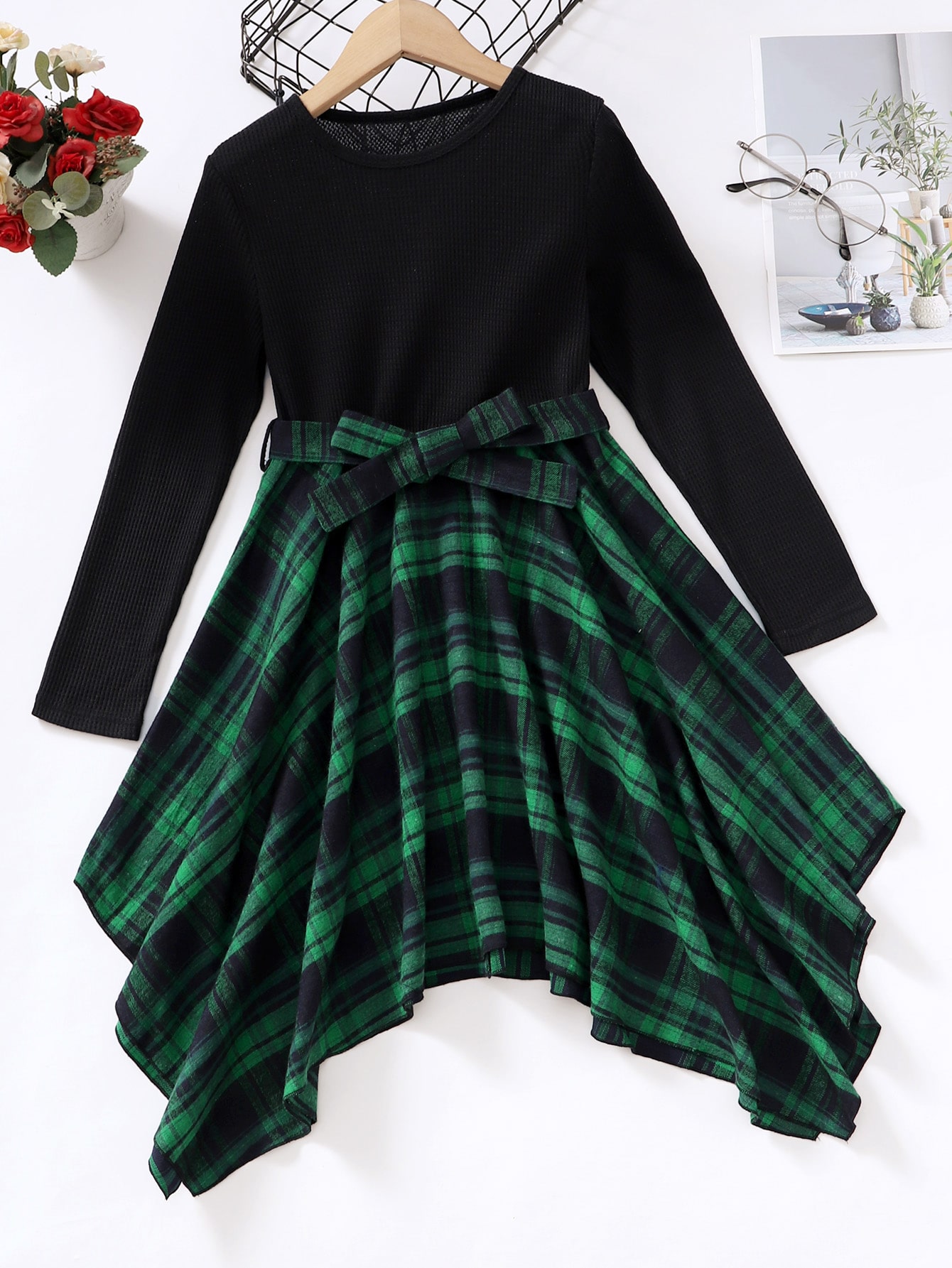 Girls Tartan Asymmetrical Hem Belted Dress