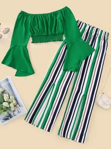 Girls Off Shoulder Flounce Sleeve Shirred Top & Block Striped Pants