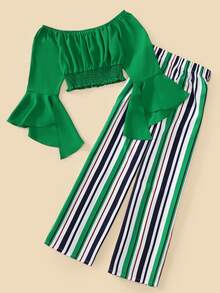 Girls Off Shoulder Flounce Sleeve Shirred Top & Block Striped Pants