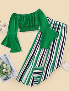 Girls Off Shoulder Flounce Sleeve Shirred Top & Block Striped Pants