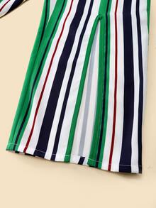 Girls Off Shoulder Flounce Sleeve Shirred Top & Block Striped Pants