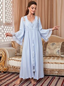 Butterfly Embroidery Lace Trim PJ Set / Pajama Set - Baby Blue - View 4