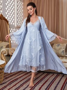 Butterfly Embroidery Lace Trim PJ Set / Pajama Set - Baby Blue - View 6