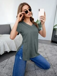 SHEIN Essnce V領開衩側素色T恤 - 墨綠色 - 查看 5
