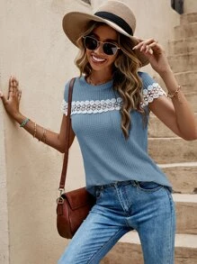 SHEIN LUNE Áo thun nữ Tương phản ren màu trơn Thanh lịch - Màu xanh bụi bặm - Xem 6