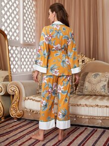 印花喇叭袖拼接滾邊腰帶睡衣套裝 - 彩色 - 查看 2