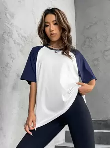 SHEIN Unity Colourblock Raglan Sleeve Tee - Navy Blue - View 3