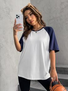 SHEIN Unity Colourblock Raglan Sleeve Tee - Navy Blue - View 4