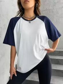 SHEIN Unity Colourblock Raglan Sleeve Tee - Navy Blue - View 6