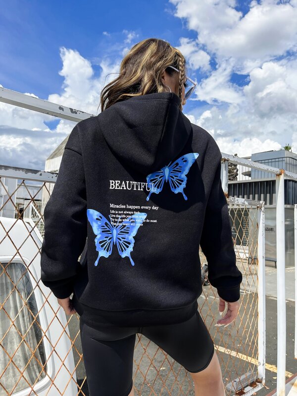 SHEIN Coolane Slogan & Butterfly Print Thermal Lined Hoodie | SHEIN UK