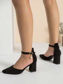 Fall/Winter Women Faux Suede Chunky Heeled Ankle Strap Pumps, Elegant Outdoor Pumps Valentines,Elegant - Black - View 4