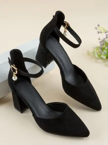Fall/Winter Women Faux Suede Chunky Heeled Ankle Strap Pumps, Elegant Outdoor Pumps Valentines,Elegant - Black - View 7