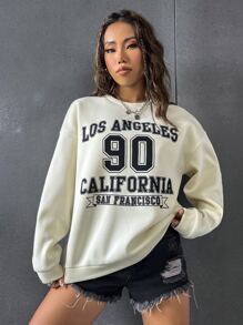 SHEIN Unity 字母圖案落肩袖運動衫 - 杏色 - 查看 5