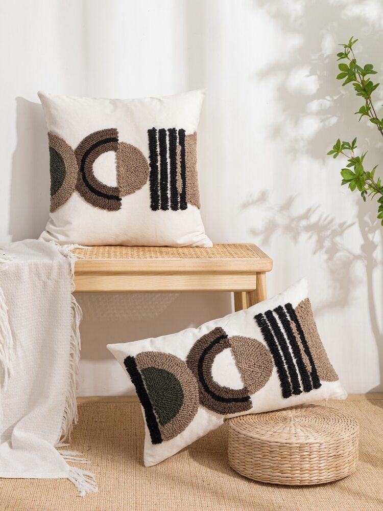 1pc/2pcs Set DC Semi-Circle Pattern Decorative Pillow Cover, Canvas Embroidered Velvet Nordic Style Home Textile, Living Room Bedroom Sofa Decor, Holiday Party Outdoor Garden Cushion, 30*50cm 45*45cm, Without Inner Pillow