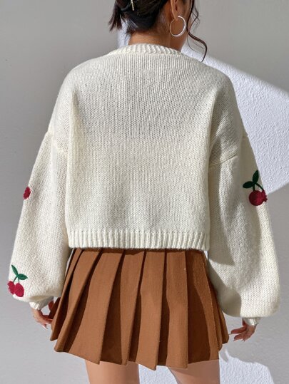 Cherry Embroidery Lantern Sleeve Cardigan,Long Sleeve Tops
