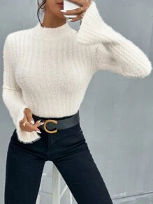 SHEIN ChicEase Áo len cổ đứng tay xẻ tà, kiểu dáng chui đầu, thích hợp cho mùa thu đông. - Màu be - Xem 5