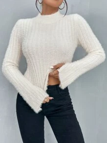 SHEIN ChicEase Áo len cổ đứng tay xẻ tà, kiểu dáng chui đầu, thích hợp cho mùa thu đông. - Màu be - Xem 7