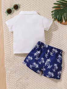 Đứa bé trai In cây dừa Áo sơ mi & Quần short - Xanh và trắng - Xem 2