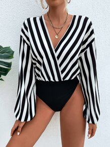 Striped Drop Shoulder Overlap Collar Bodysuit - Black and White - View 2