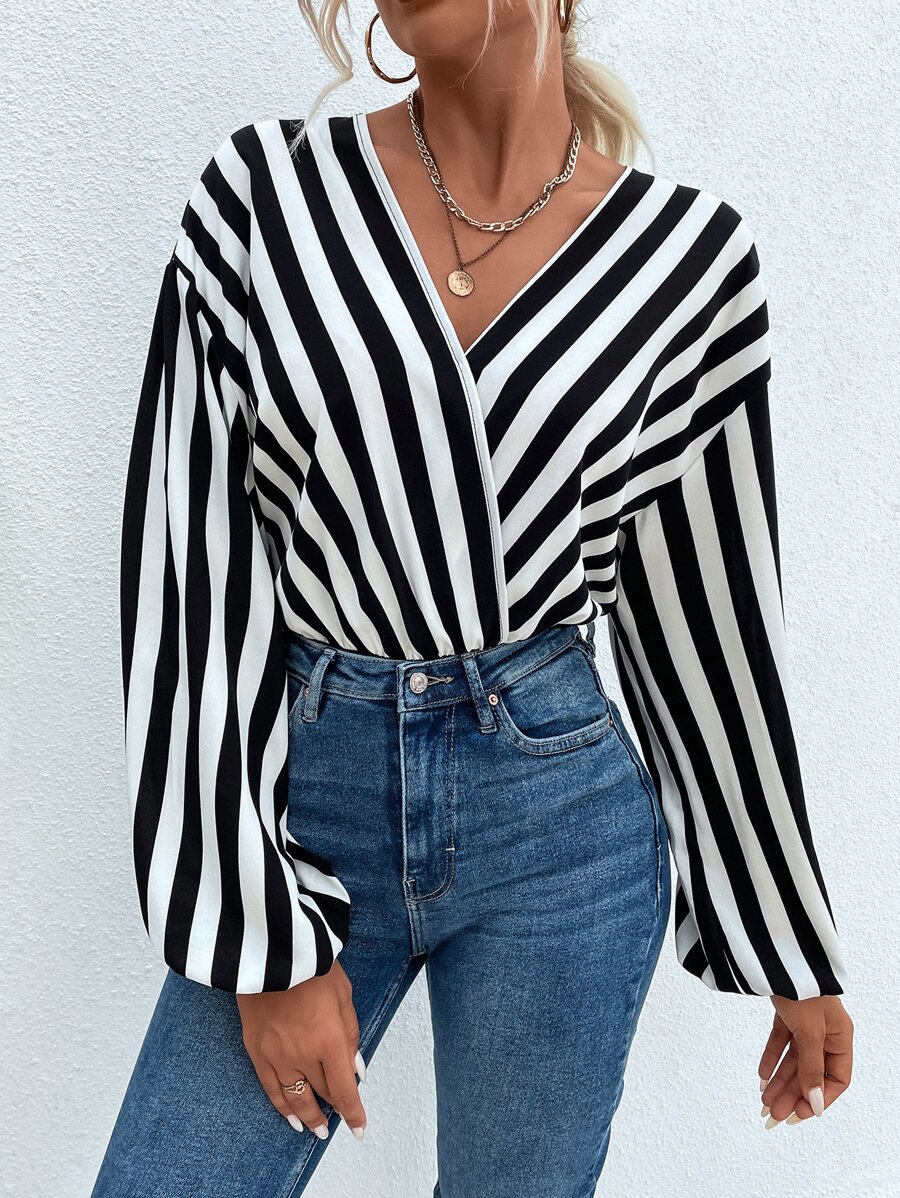 Striped Drop Shoulder Overlap Collar Bodysuit - Black and White - View 1