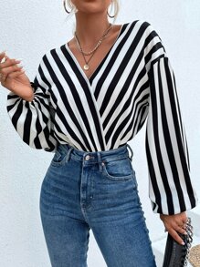 Striped Drop Shoulder Overlap Collar Bodysuit - Black and White - View 4