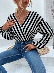 Striped Drop Shoulder Overlap Collar Bodysuit - Black and White - View 6