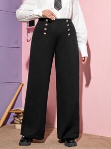 SHEIN Frenchy Quần Plus Size Nút đôi màu trơn Giải trí - màu đen - Xem 1