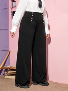 SHEIN Frenchy Quần Plus Size Nút đôi màu trơn Giải trí - màu đen - Xem 5