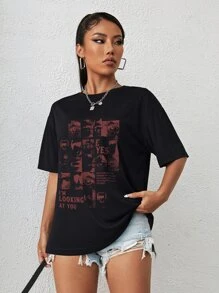 INAWLY Camiseta estampada de hombros caídos con eslogan "TE ESTOY MIRANDO TEMPRANO EN EL DÍA SE SUSURRÓ QUE DEBERÍAMOS NAVEGAR EN UN BARCO SOLO TÚ Y 1 Y NUNCA UN ALMA EN EL MUNDO" Camisetas gráficas para mujeres - Negro - Ver 3