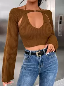 SHEIN Unity Tie Back Crop Halter Knit Top & Shrug Sweater