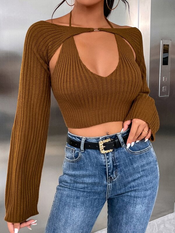 SHEIN Unity Tie Back Crop Halter Knit Top & Shrug Sweater