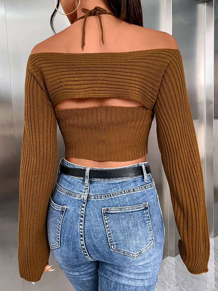 Tie Back Crop Halter Knit Top & Shrug Sweater Fall Cloth For Women