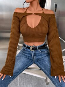 SHEIN Unity Tie Back Crop Halter Knit Top & Shrug Sweater