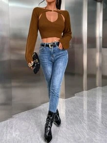 SHEIN Unity Tie Back Crop Halter Knit Top & Shrug Sweater
