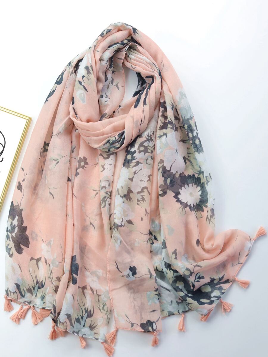 Floral Print Tassel Trim Scarf - Coral Pink - View 1
