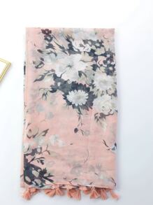 Floral Print Tassel Trim Scarf - Coral Pink - View 3