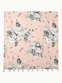 Floral Print Tassel Trim Scarf - Coral Pink - View 6