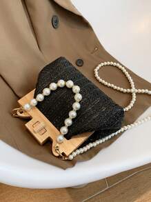 珍珠串珠草編包小黑色度假 - 黑色 - 查看 2