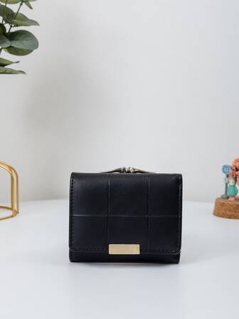 Plaid Embossed Metal Detail Small Wallet Pocket Wallet Small Purse ID Window Tri-Fold Women Wallet Portable, Money, Cash White-Collar Workers, For Female College, Work, Business, Commute, Office, For Anniversary, For Couple, For Birthday Gift, On Valentine Day Gift, Gift