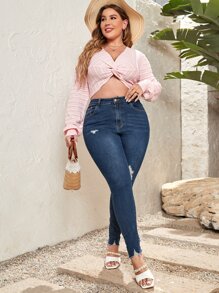 大碼高腰破洞磨損邊緊身牛仔褲 - 深色水洗藍 - 查看 1